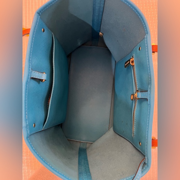 MICHAEL Michael Kors Blue and White Striped Tote with Brown Leather Straps - Picture 7 of 14